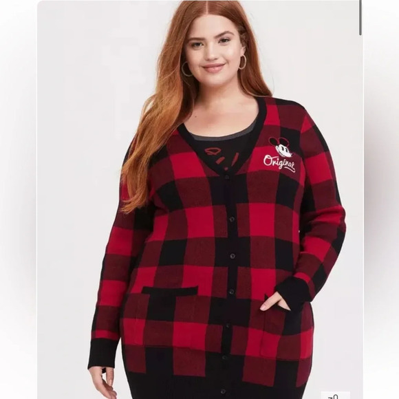TORRID DISNEY Red & Black Buffalo Plaid Mickey Mouse Cardigan Plus Size - Picture 6 of 7